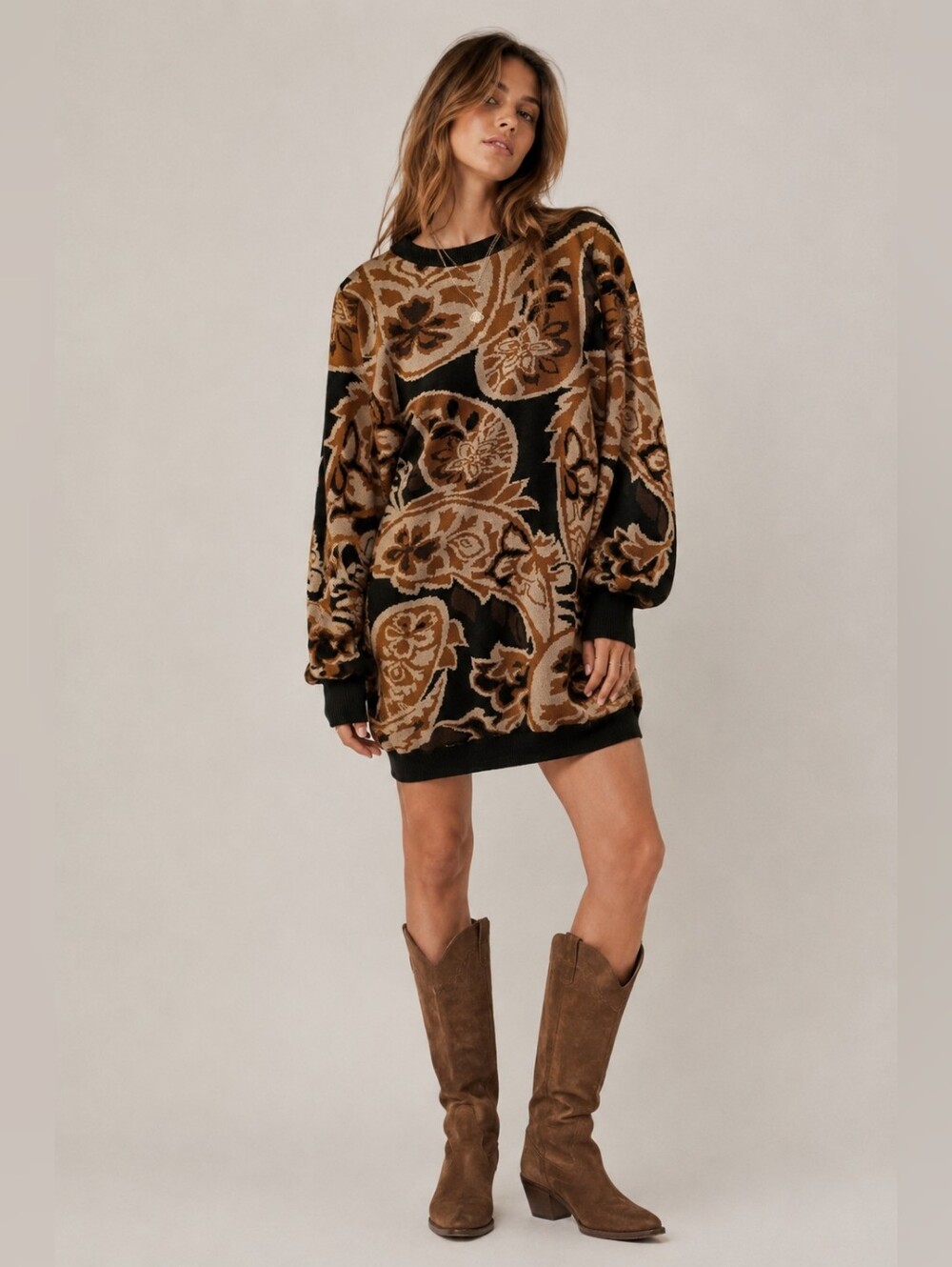 Flying Tomato Dress Paisley Sweater Dress Brown Tan Black
